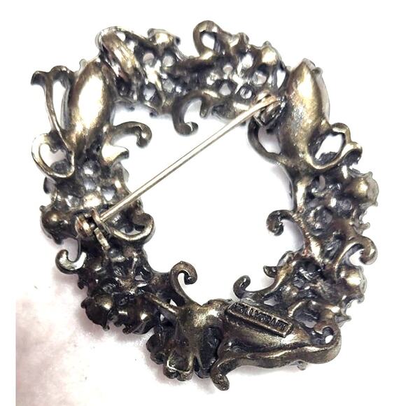 Vtg Hollycraft Brooch MCM Oval Wreath Circle Black Flowers Rhinestones Hematite - Picture 6 of 7